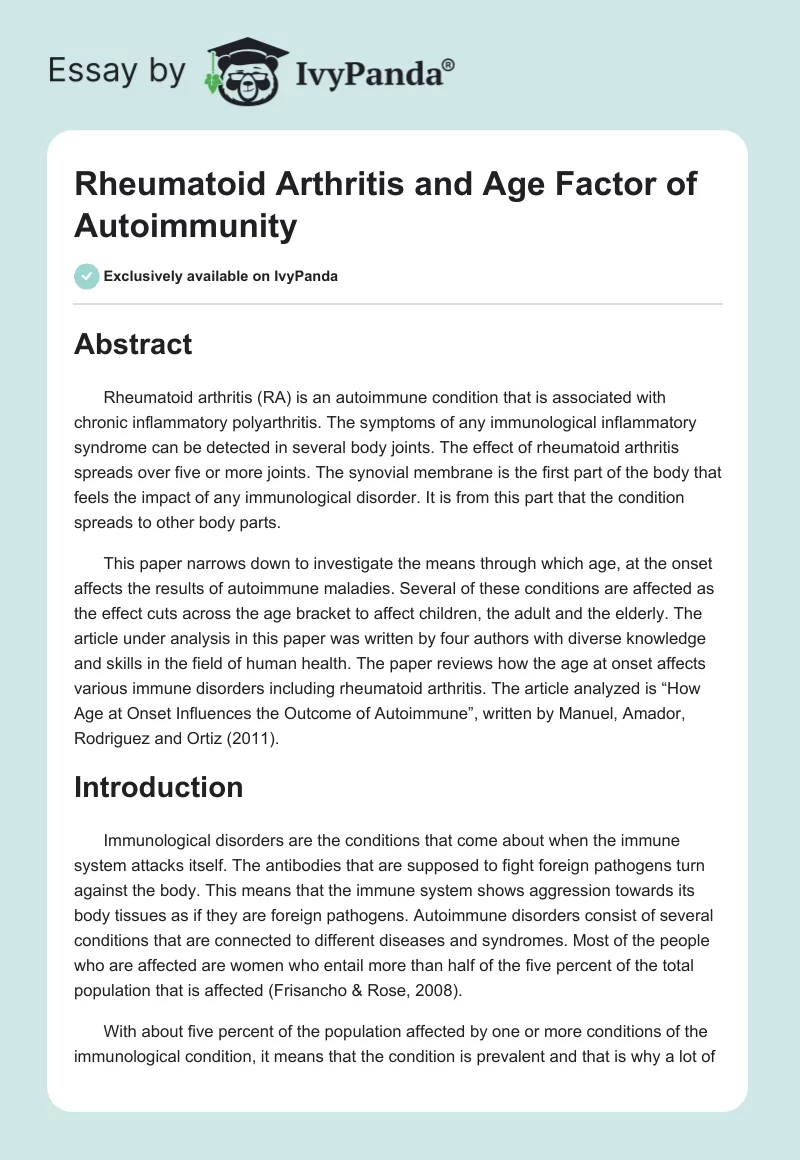 Rheumatoid Arthritis and Age Factor of Autoimmunity. Page 1