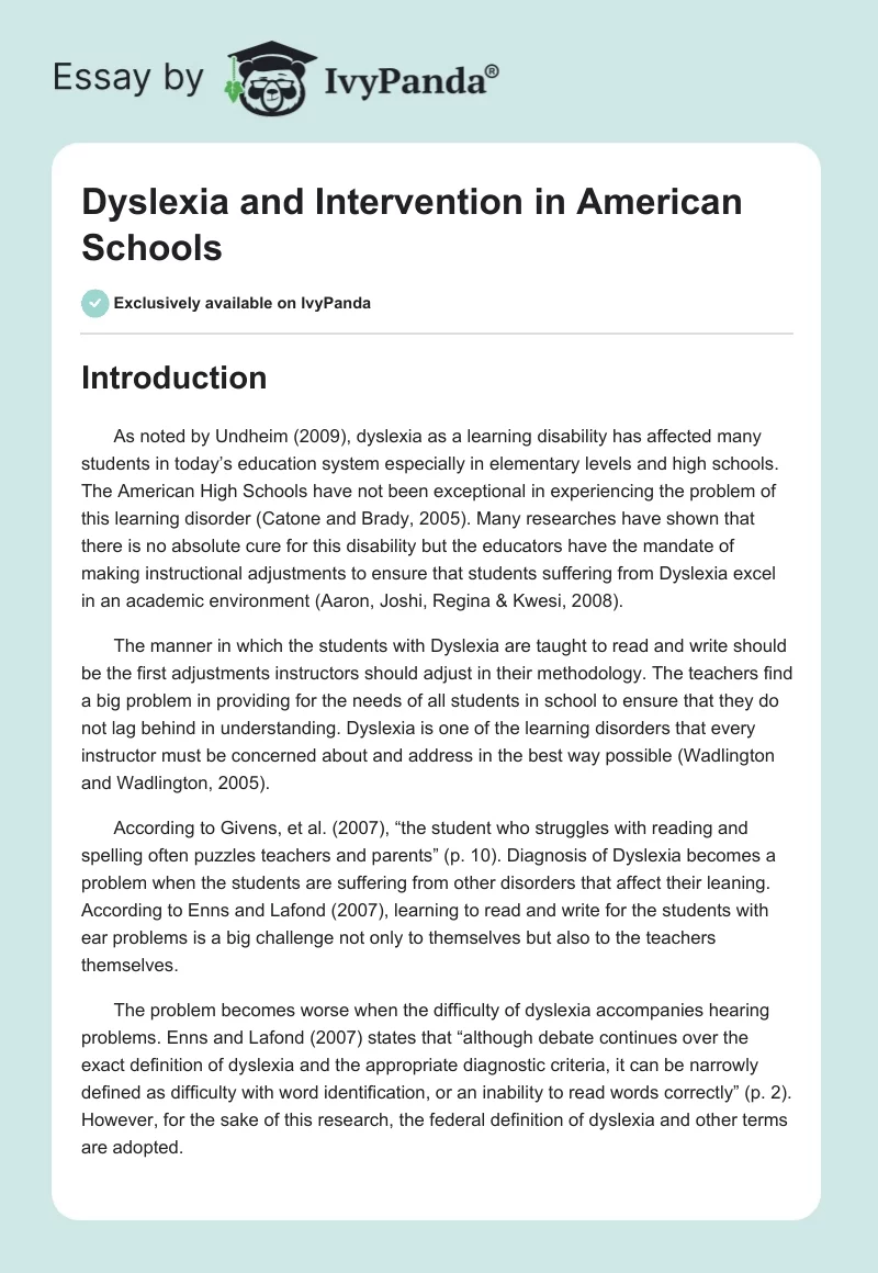 Dyslexia and Intervention in American Schools. Page 1