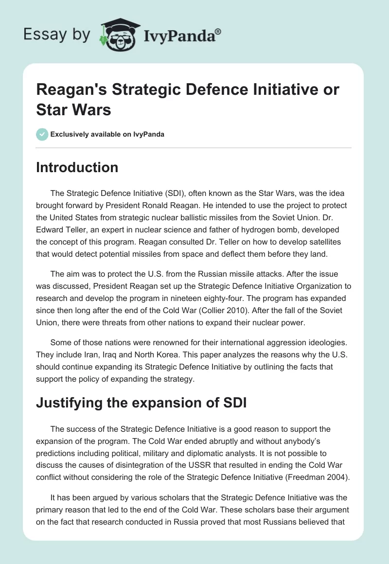 Reagan's Strategic Defence Initiative or Star Wars. Page 1