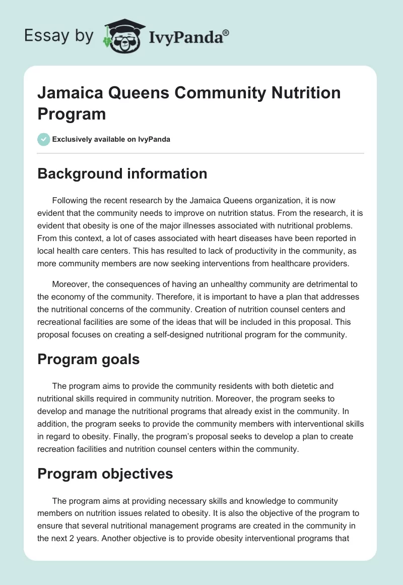 Jamaica Queens Community Nutrition Program. Page 1