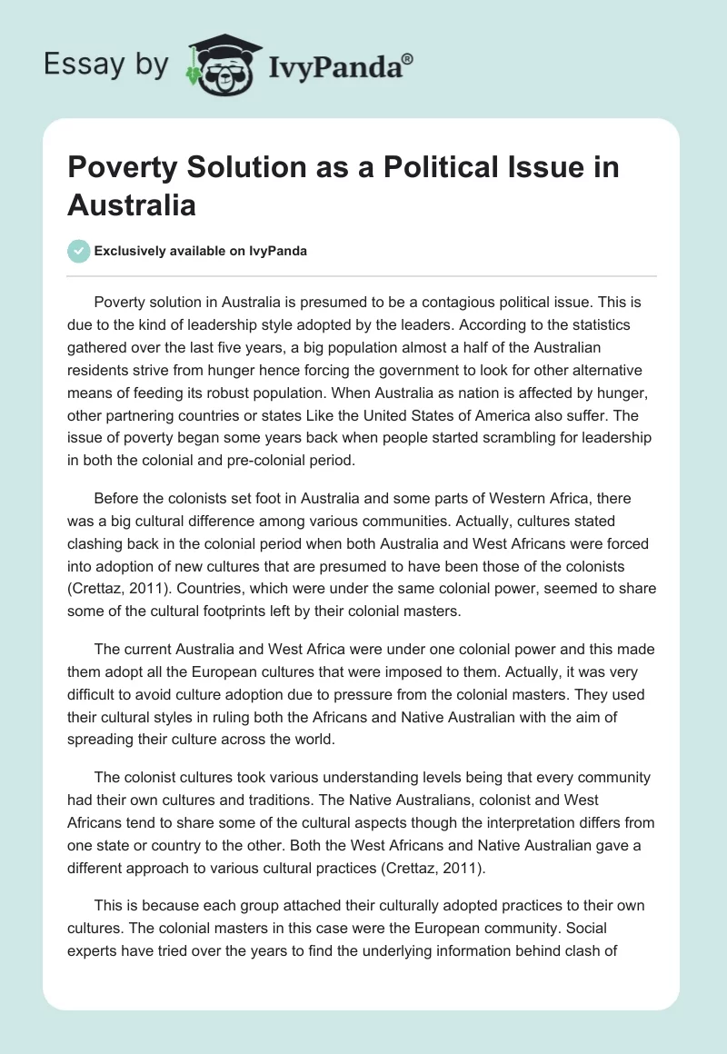 Poverty Solution as a Political Issue in Australia. Page 1