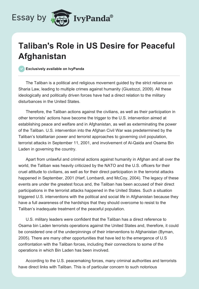Taliban's Role in US Desire for Peaceful Afghanistan. Page 1