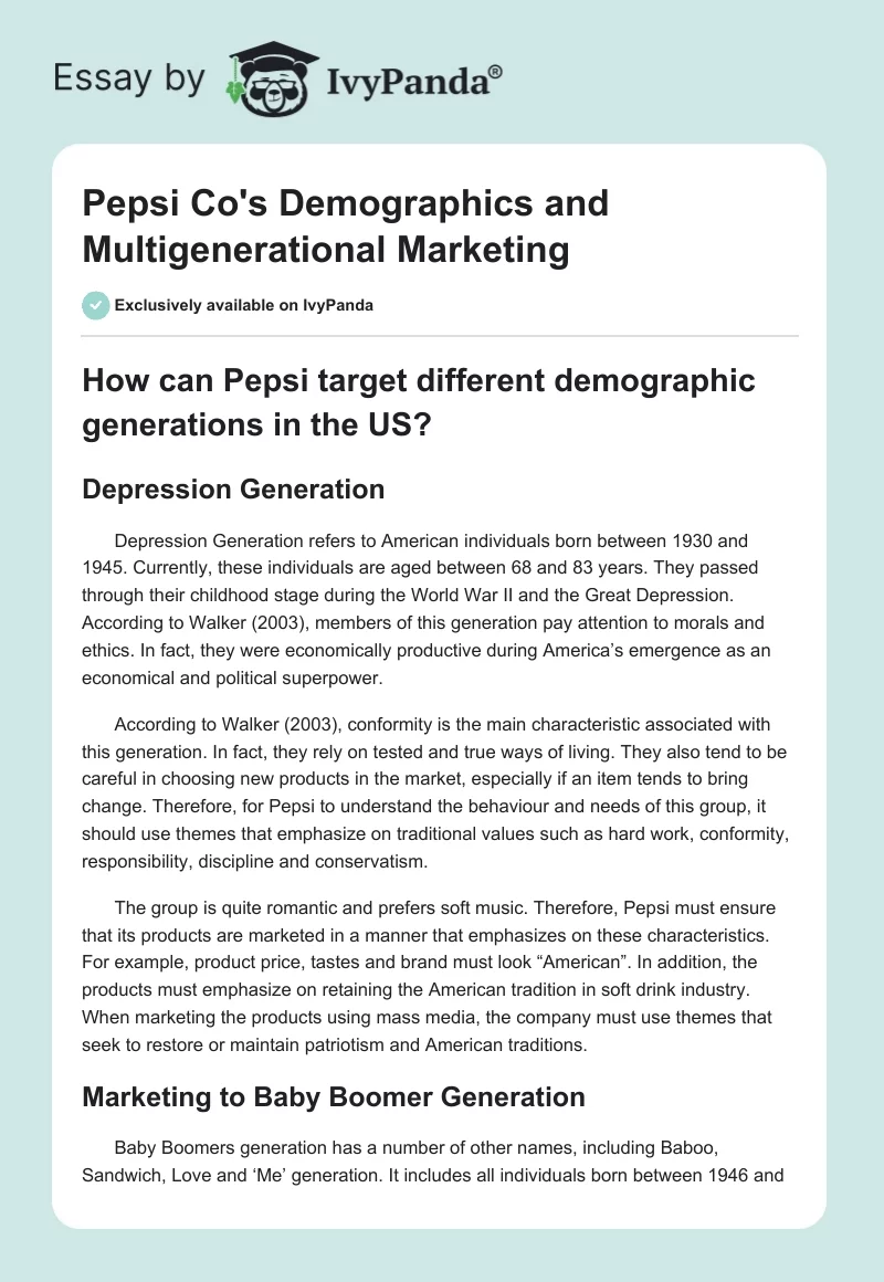 Pepsi Co's Demographics and Multigenerational Marketing. Page 1