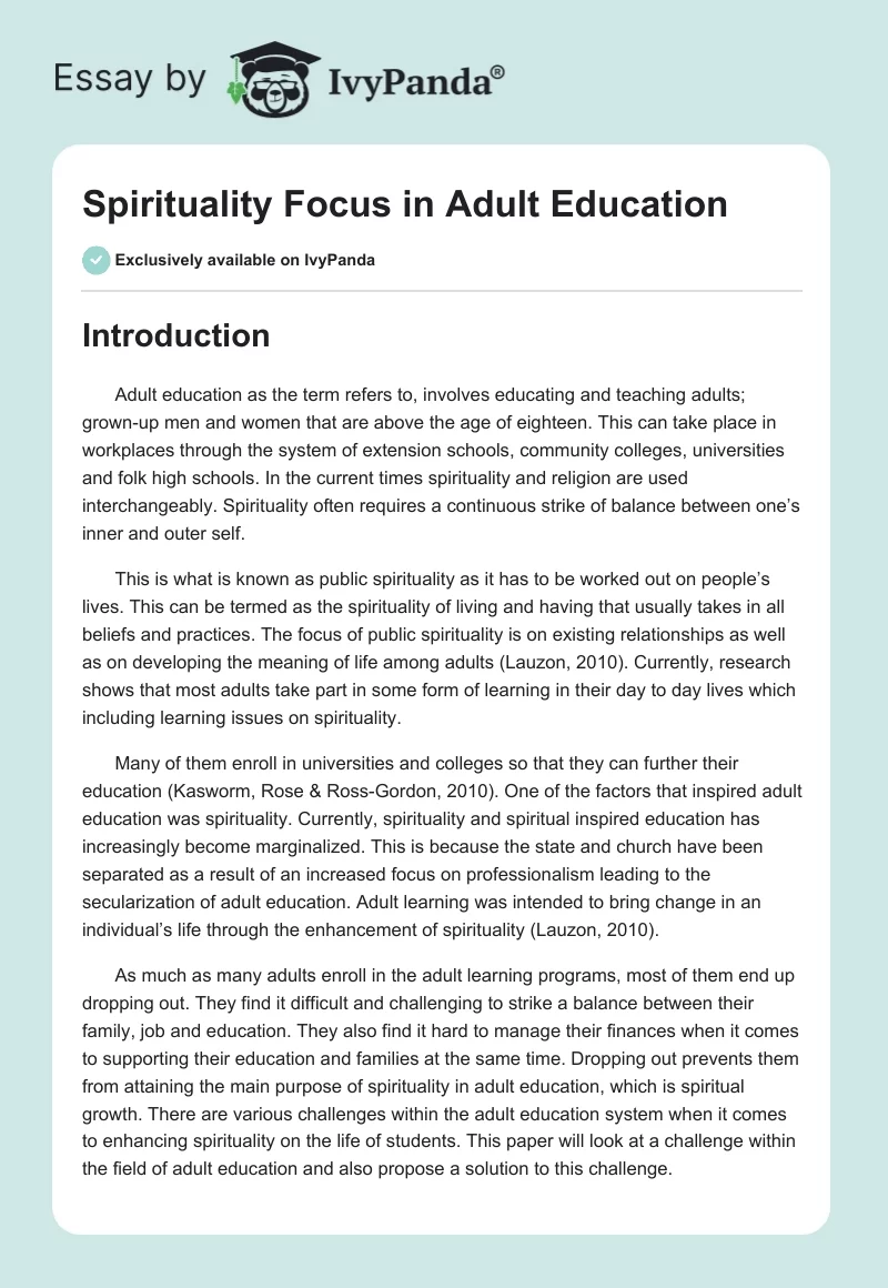 Spirituality Focus in Adult Education. Page 1