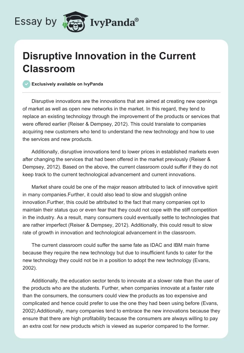 Disruptive Innovation in the Current Classroom. Page 1