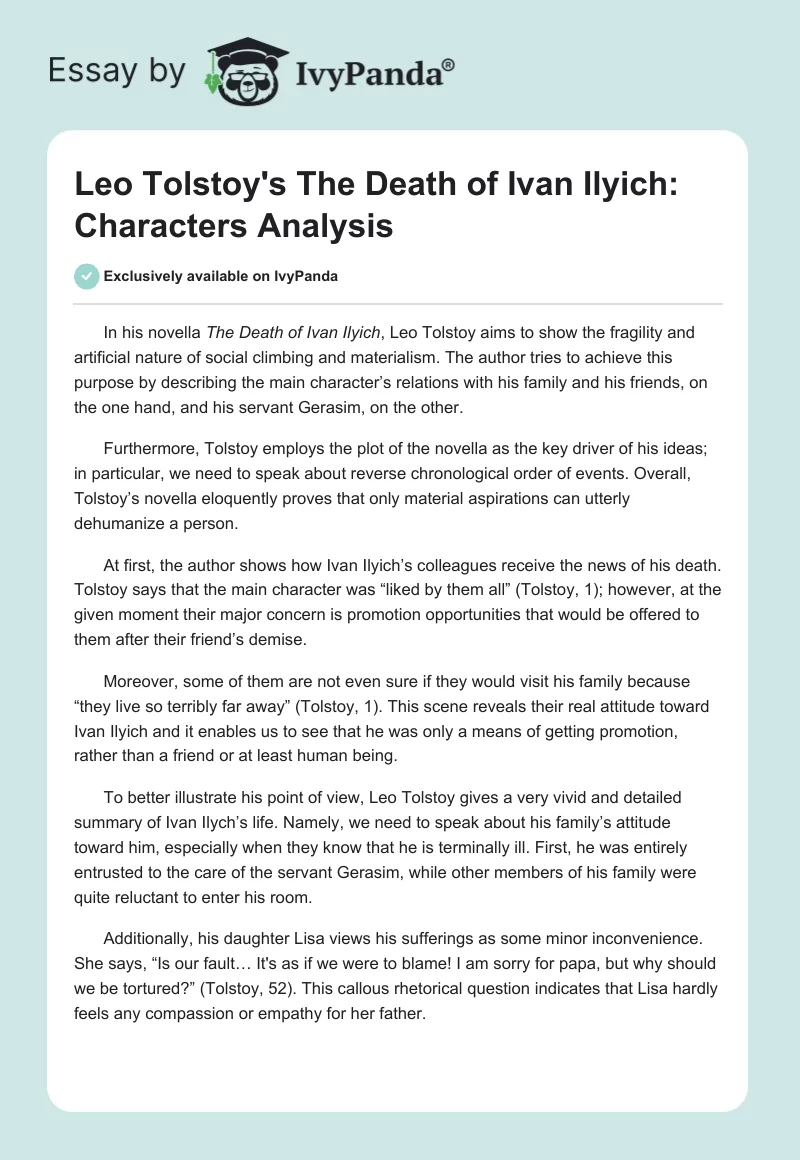 Leo Tolstoy's "The Death of Ivan Ilyich": Characters Analysis. Page 1
