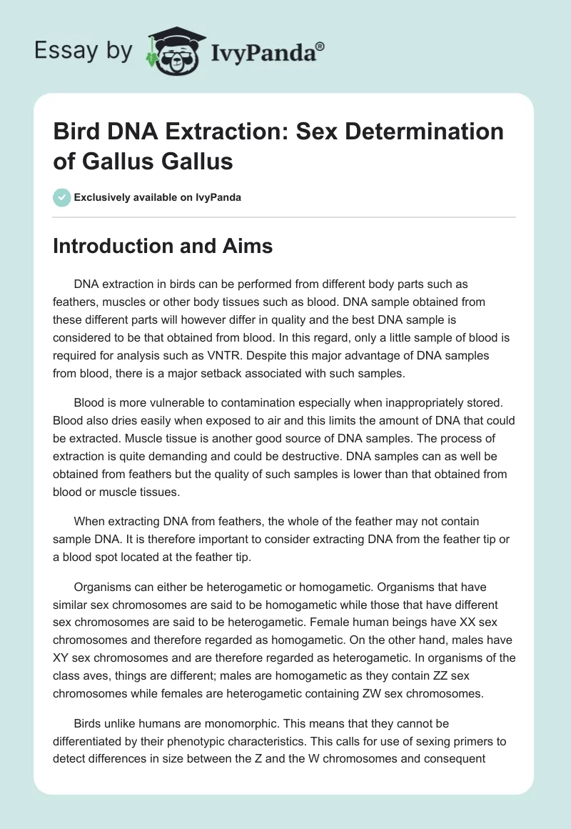 Bird DNA Extraction: Sex Determination of Gallus Gallus. Page 1