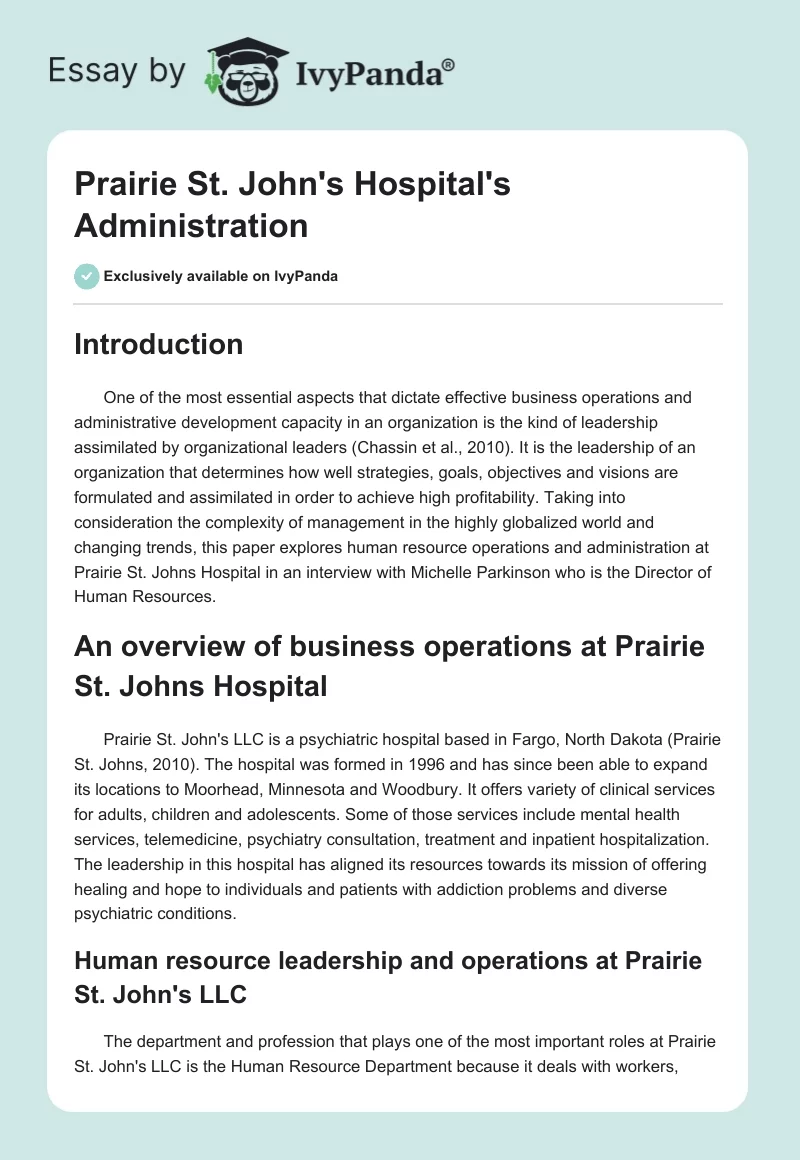 Prairie St. John's Hospital's Administration. Page 1