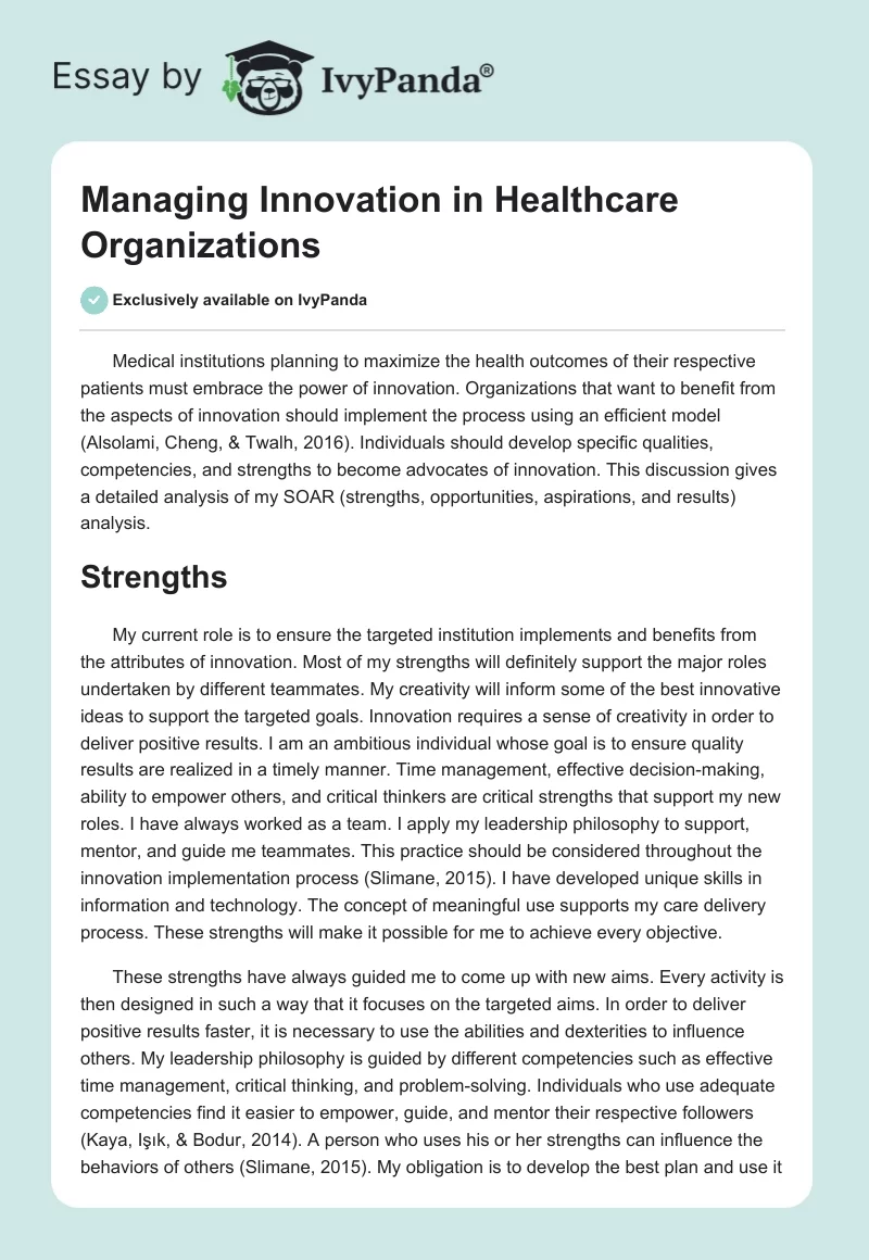 Managing Innovation in Healthcare Organizations. Page 1