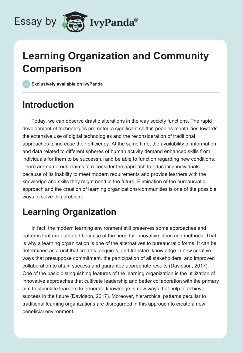 Learning Organization and Community Comparison. Page 1
