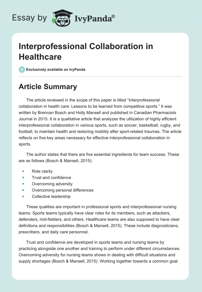 Interprofessional Collaboration in Healthcare. Page 1