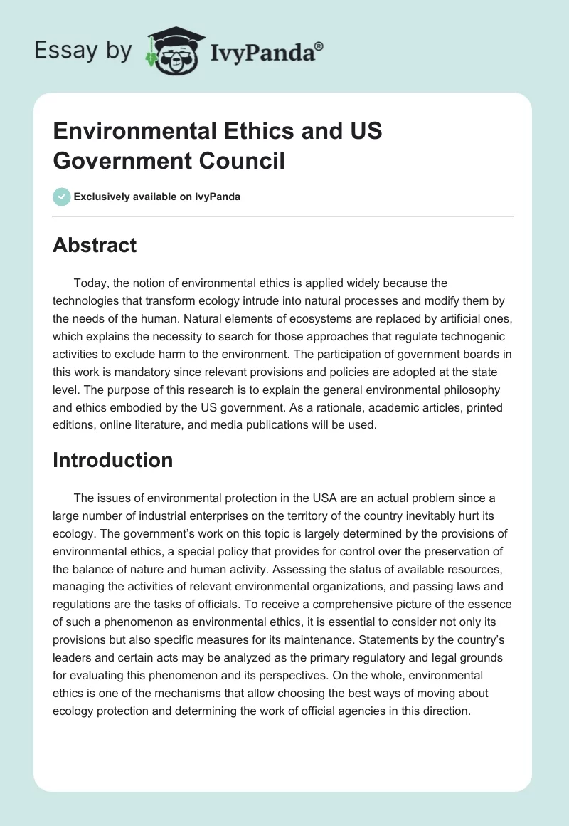 Environmental Ethics and US Government Council. Page 1