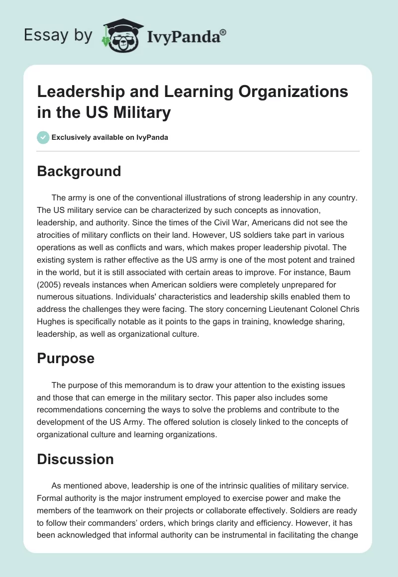 Leadership and Learning Organizations in the US Military. Page 1
