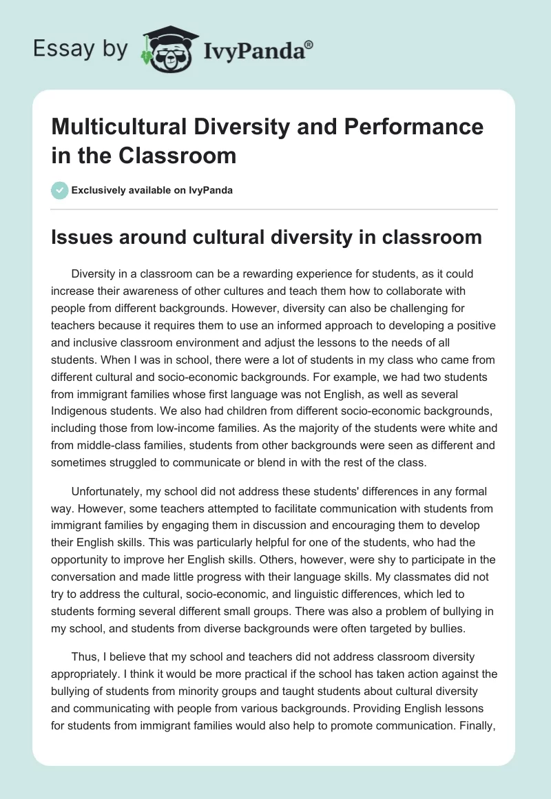 Multicultural Diversity and Performance in the Classroom. Page 1