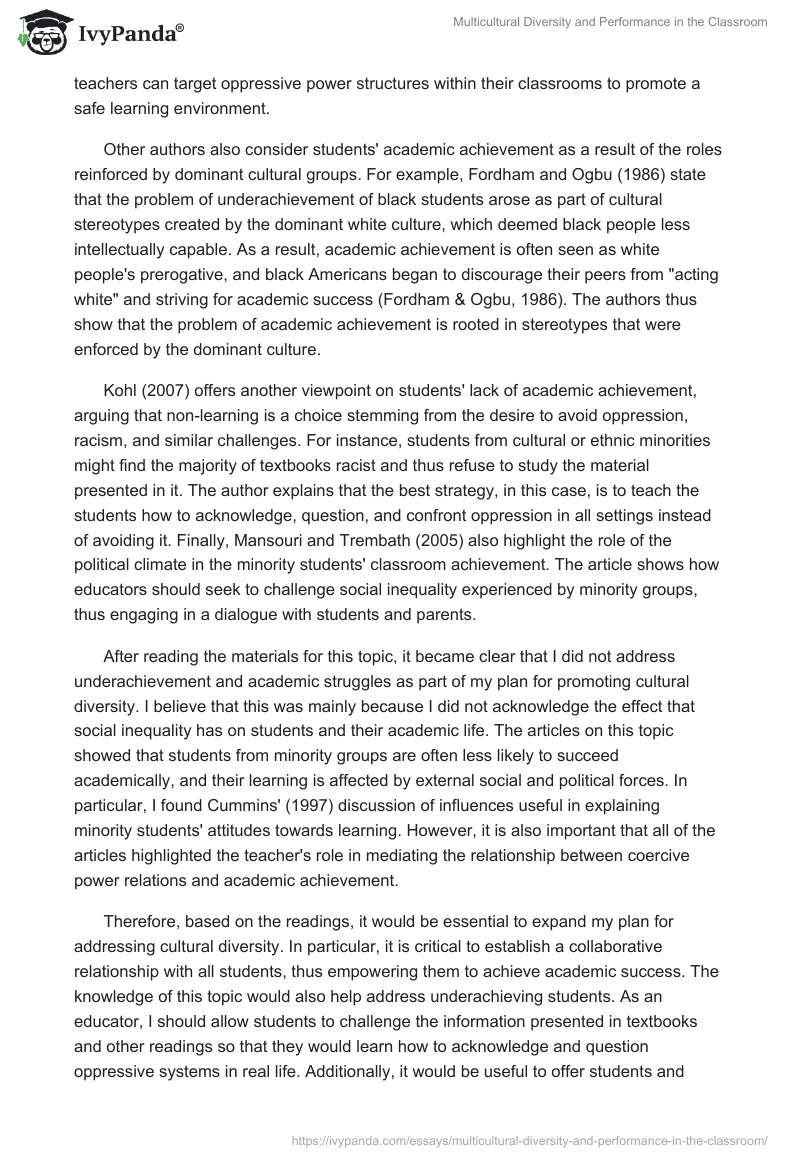 Multicultural Diversity and Performance in the Classroom. Page 4