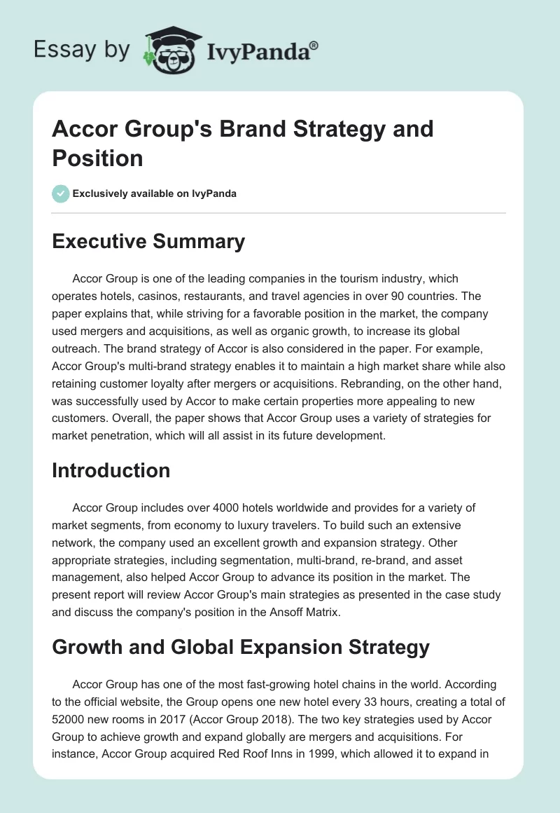 Accor Group's Brand Strategy and Position. Page 1
