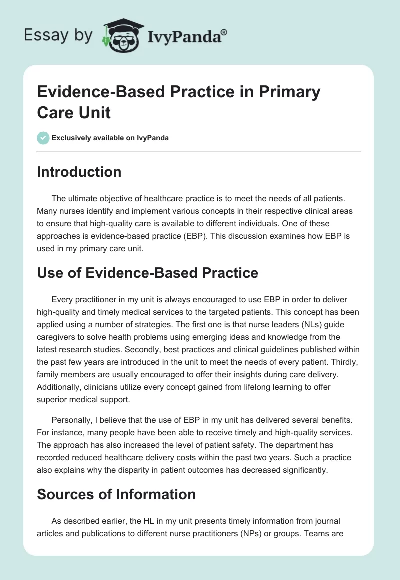 Evidence-Based Practice in Primary Care Unit. Page 1