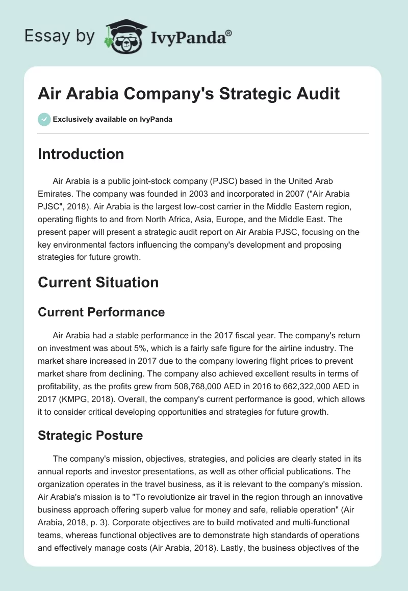 Air Arabia Company's Strategic Audit. Page 1