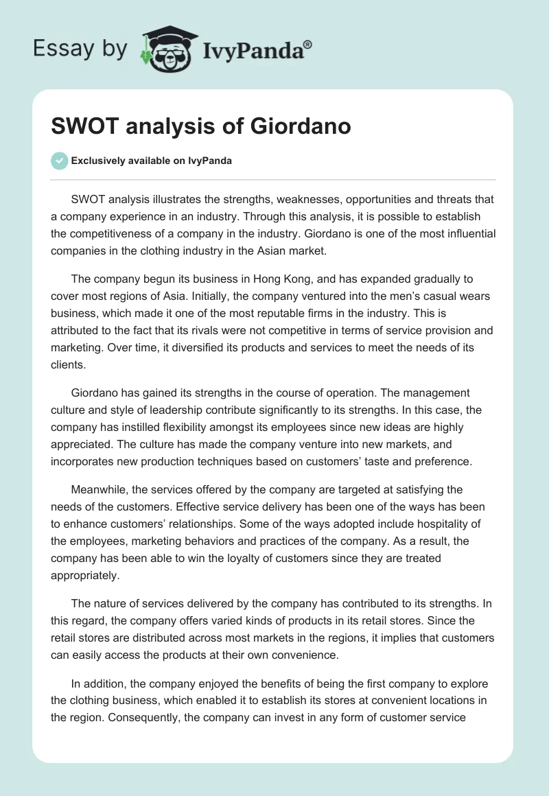 SWOT analysis of Giordano. Page 1