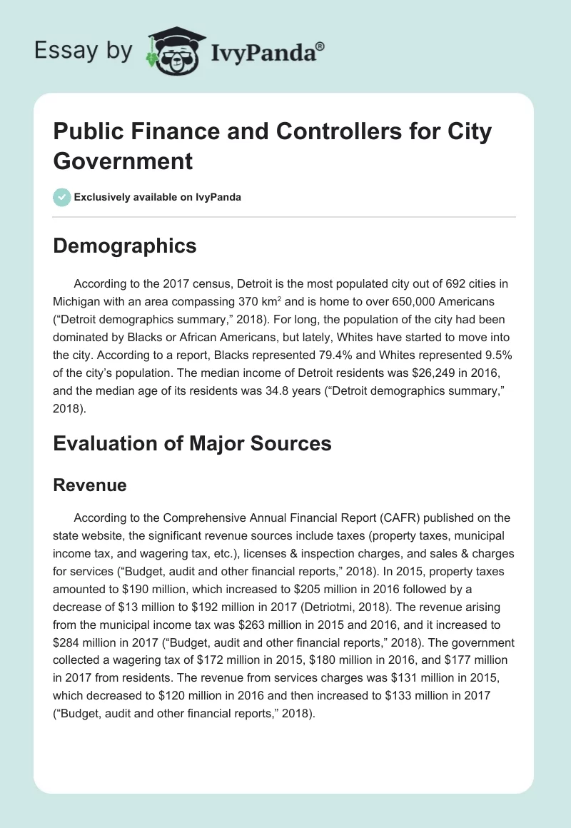 Public Finance and Controllers for City Government. Page 1
