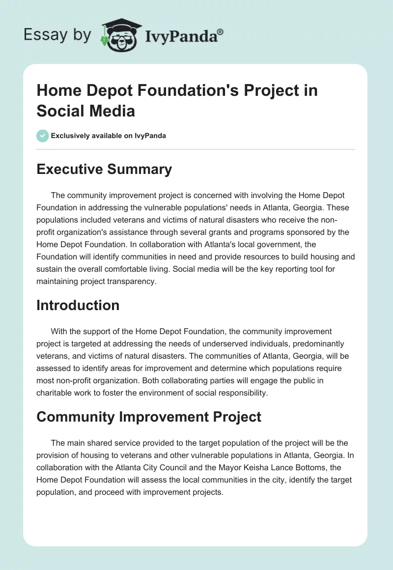 Home Depot Foundation's Project in Social Media. Page 1