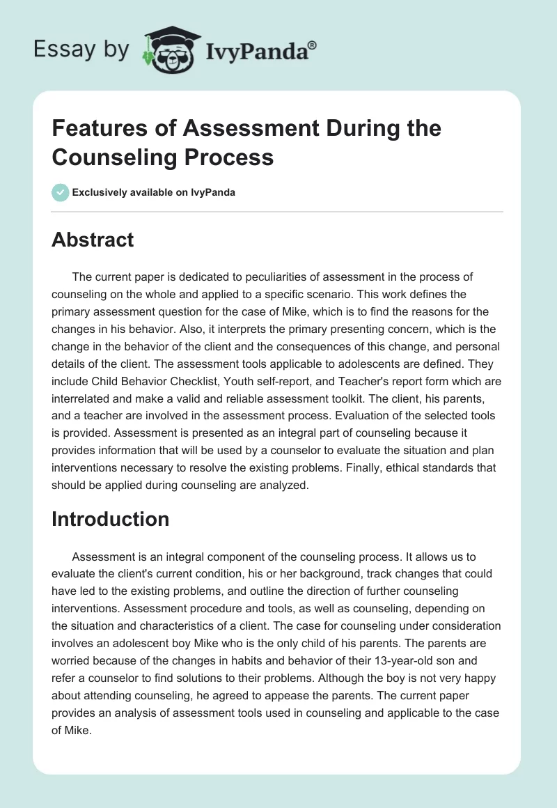 Features of Assessment During the Counseling Process. Page 1
