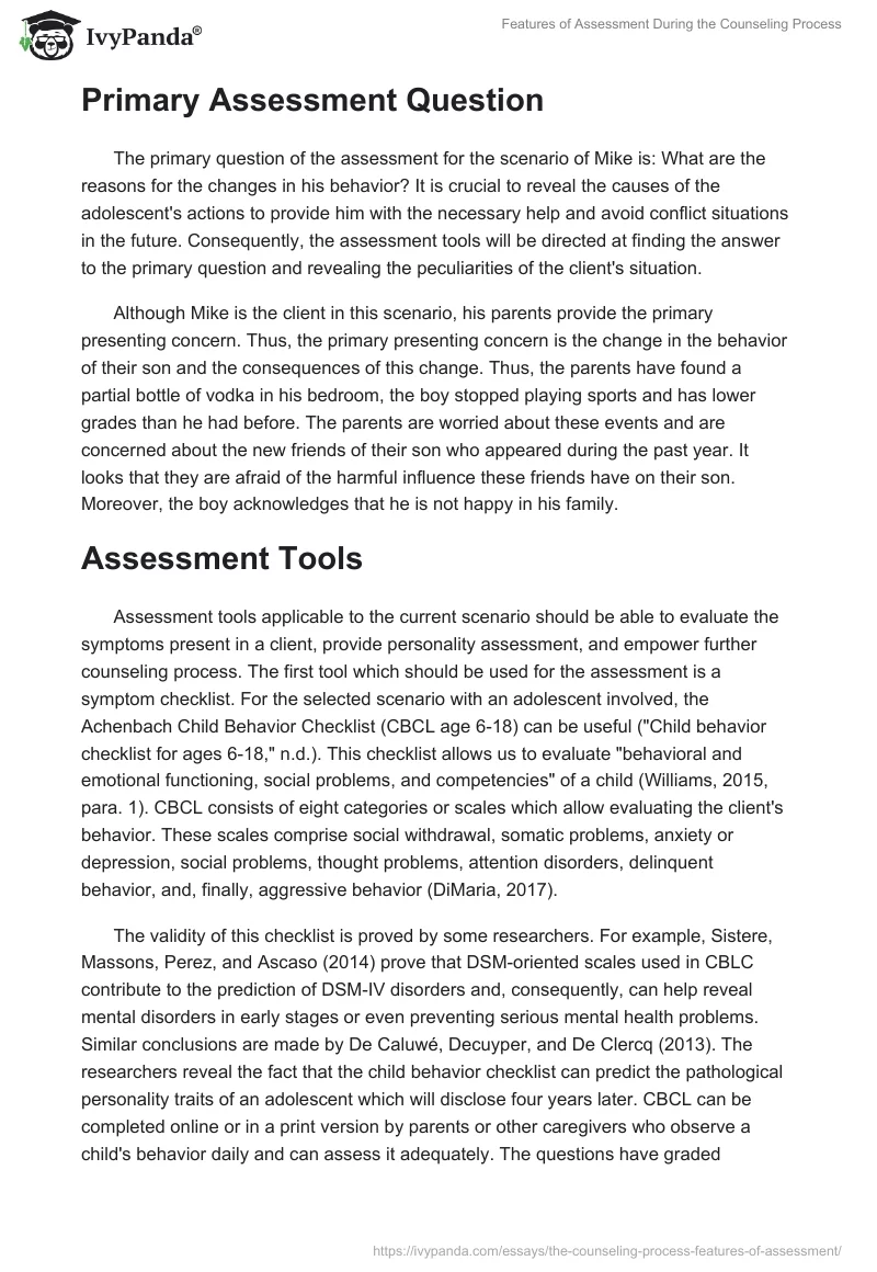 Features of Assessment During the Counseling Process. Page 2