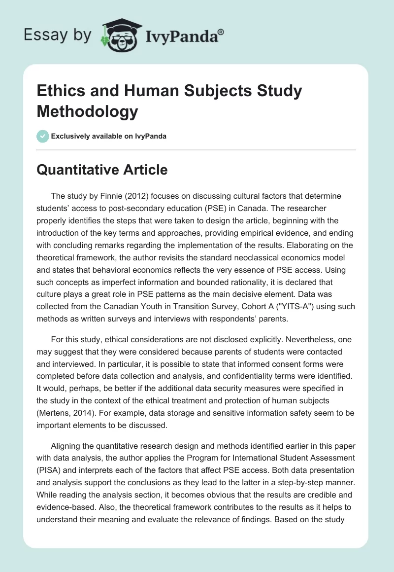 Ethics and Human Subjects Study Methodology. Page 1