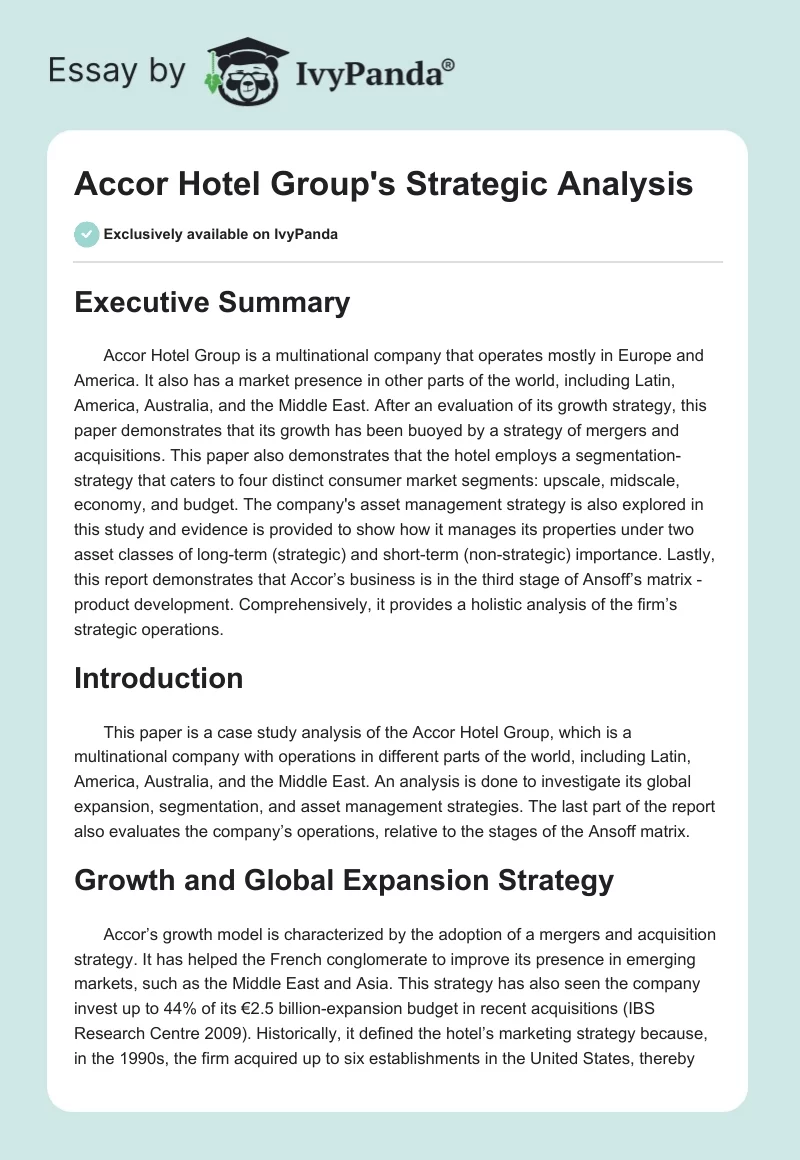 Accor Hotel Group's Strategic Analysis. Page 1