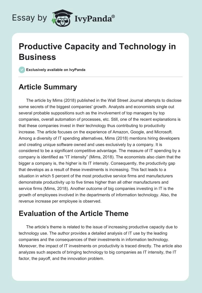 Productive Capacity and Technology in Business. Page 1