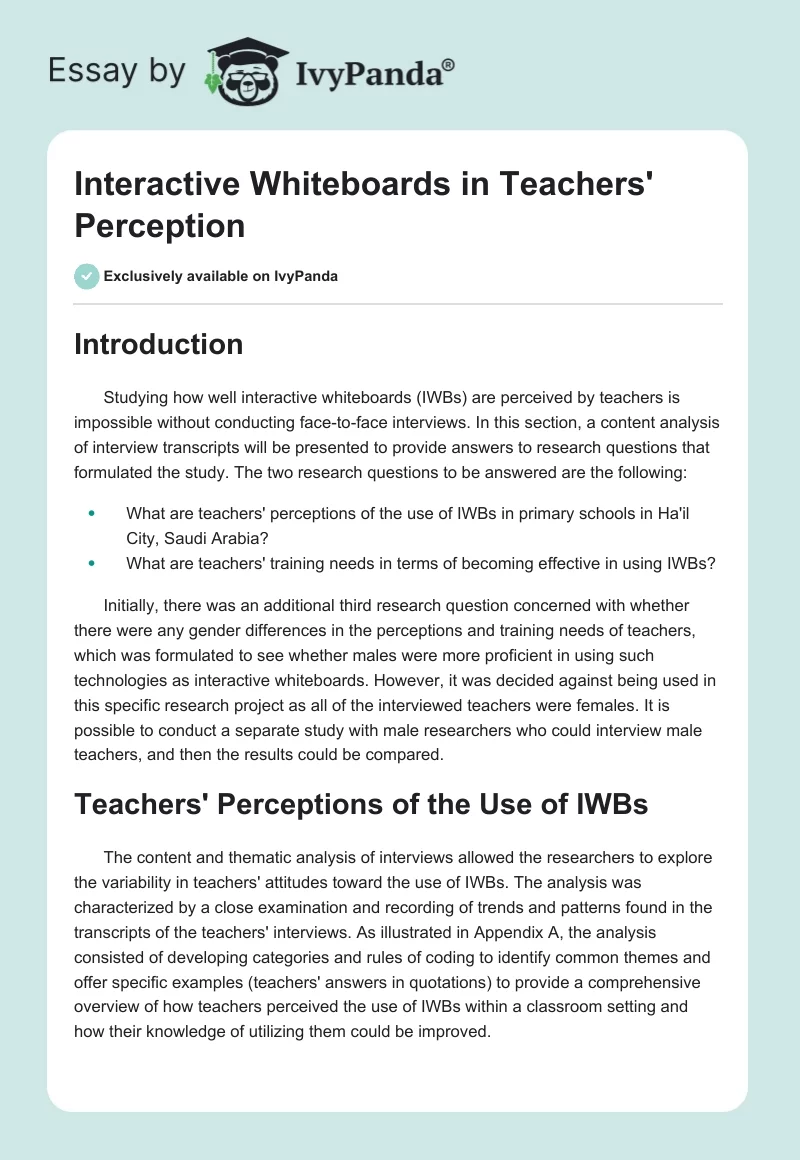 Interactive Whiteboards in Teachers' Perception. Page 1