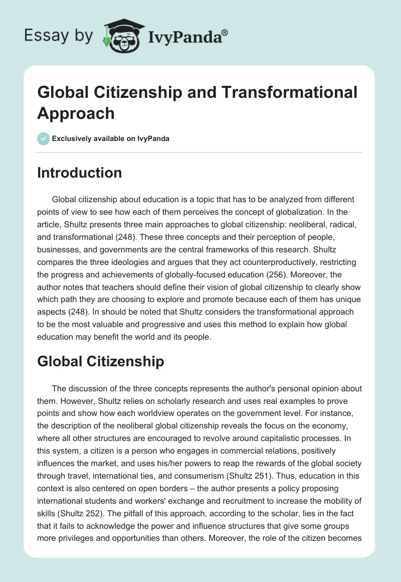 Global Citizenship and Transformational Approach. Page 1