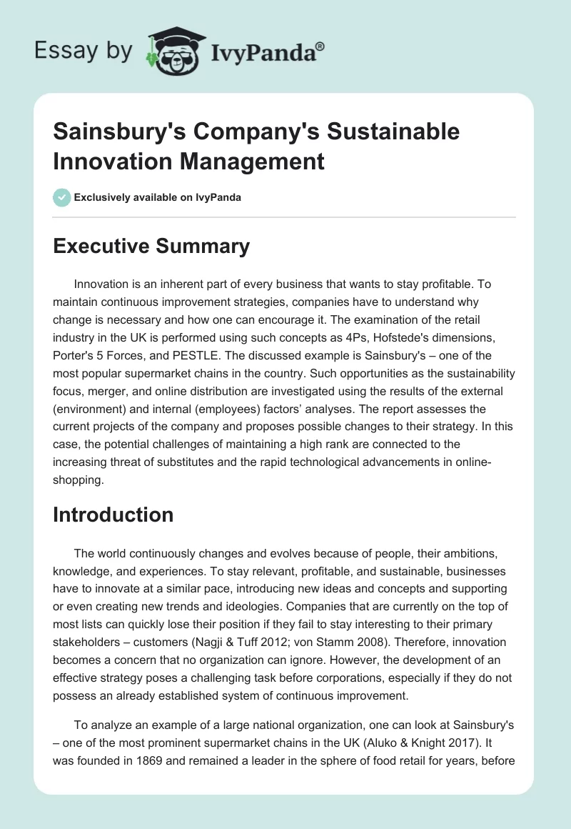 Sainsbury's Company's Sustainable Innovation Management. Page 1