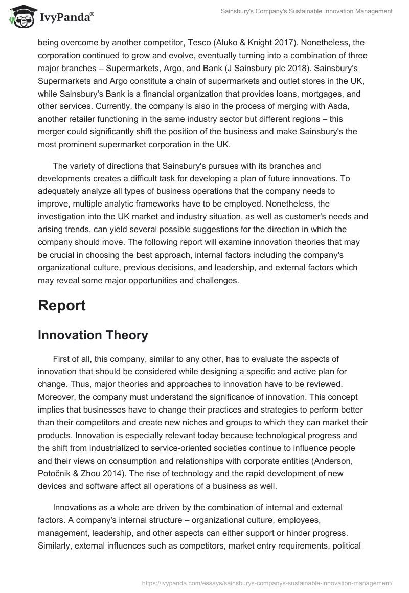 Sainsbury's Company's Sustainable Innovation Management. Page 2