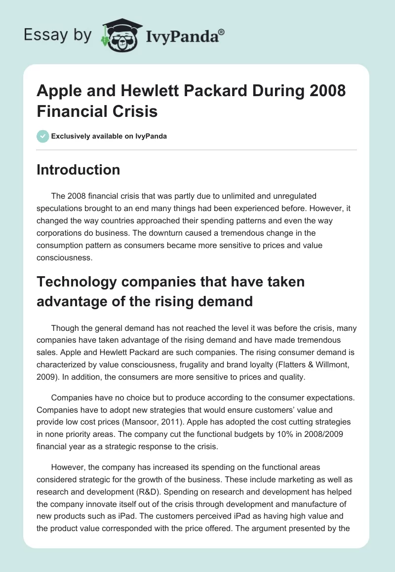 Apple and Hewlett Packard During 2008 Financial Crisis. Page 1