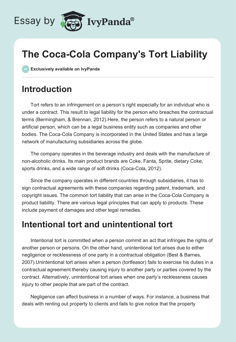 The Coca-Cola Company's Tort Liability. Page 1