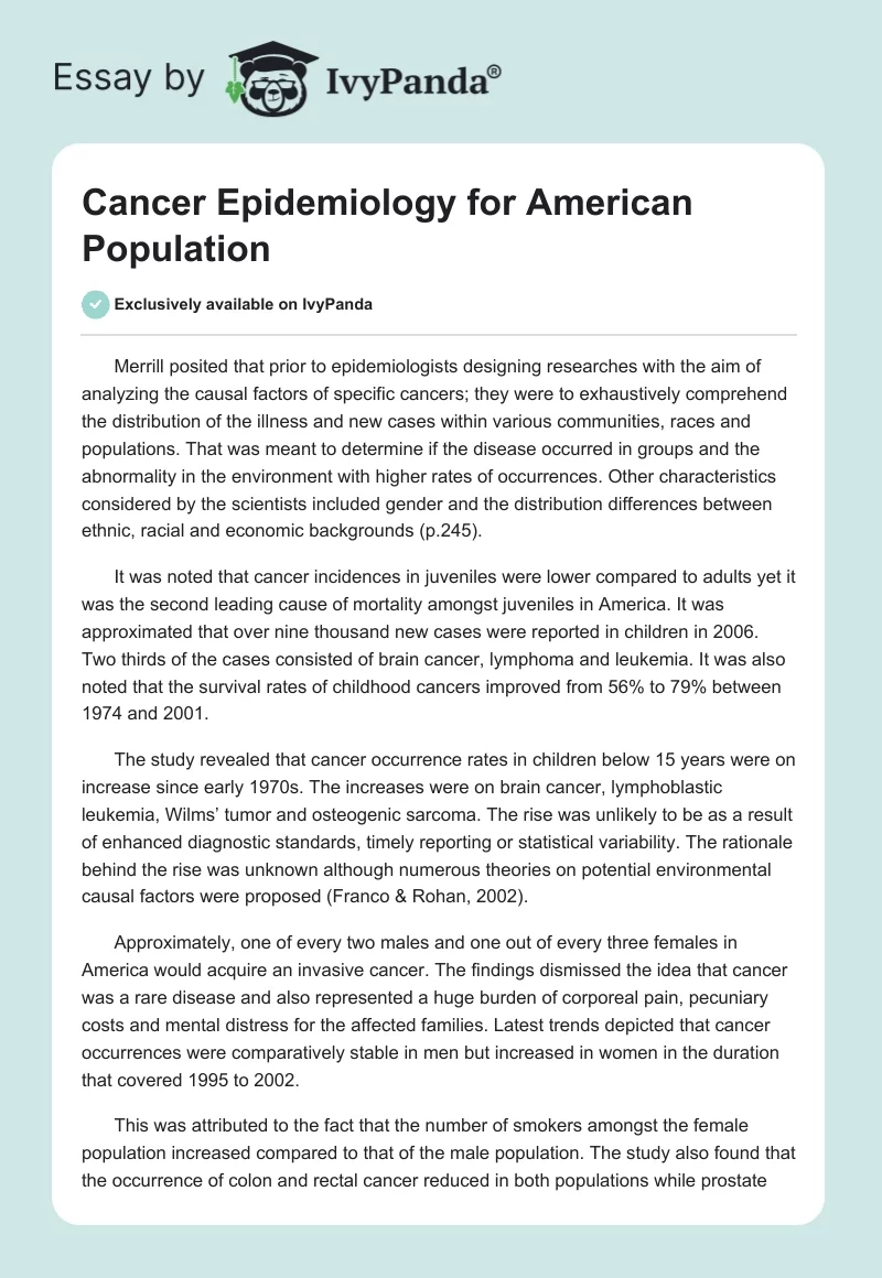 Cancer Epidemiology for American Population. Page 1