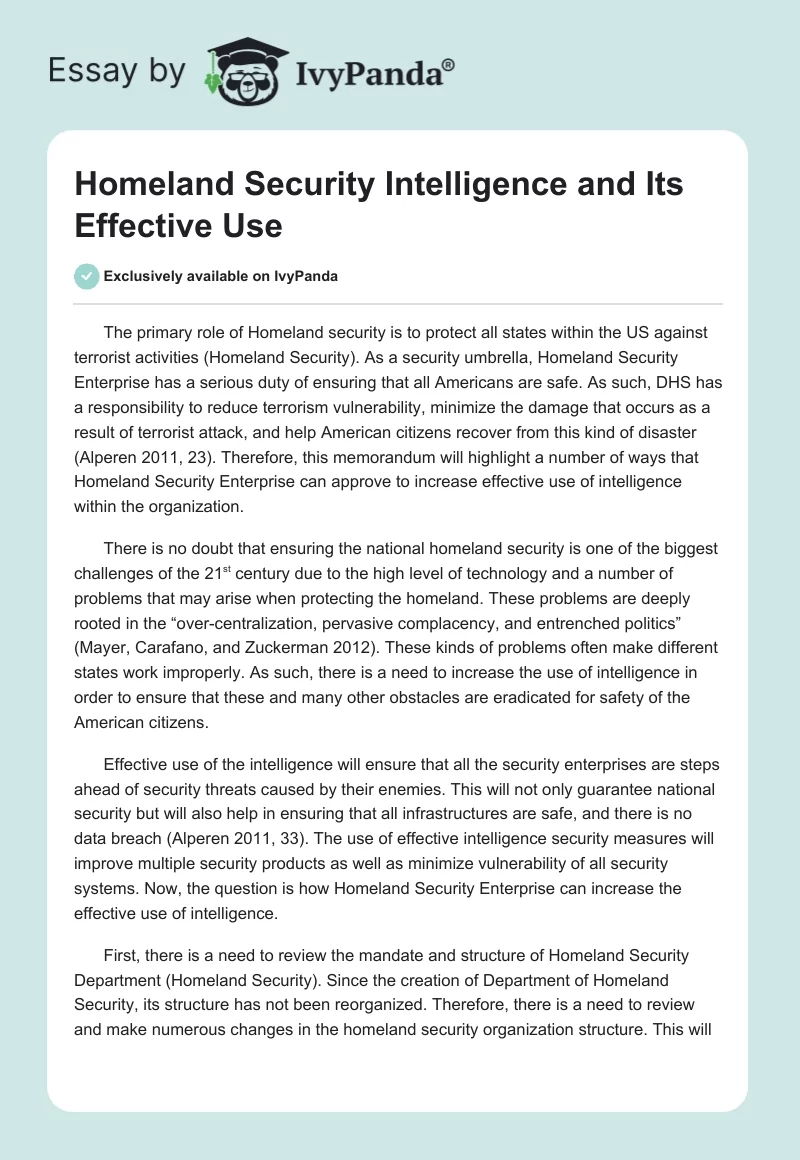 Homeland Security Intelligence and Its Effective Use. Page 1