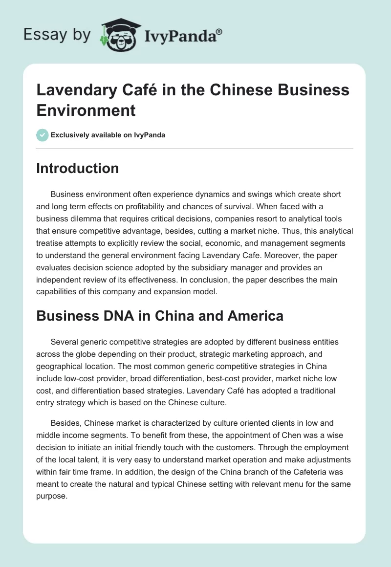 Lavendary Café in the Chinese Business Environment. Page 1