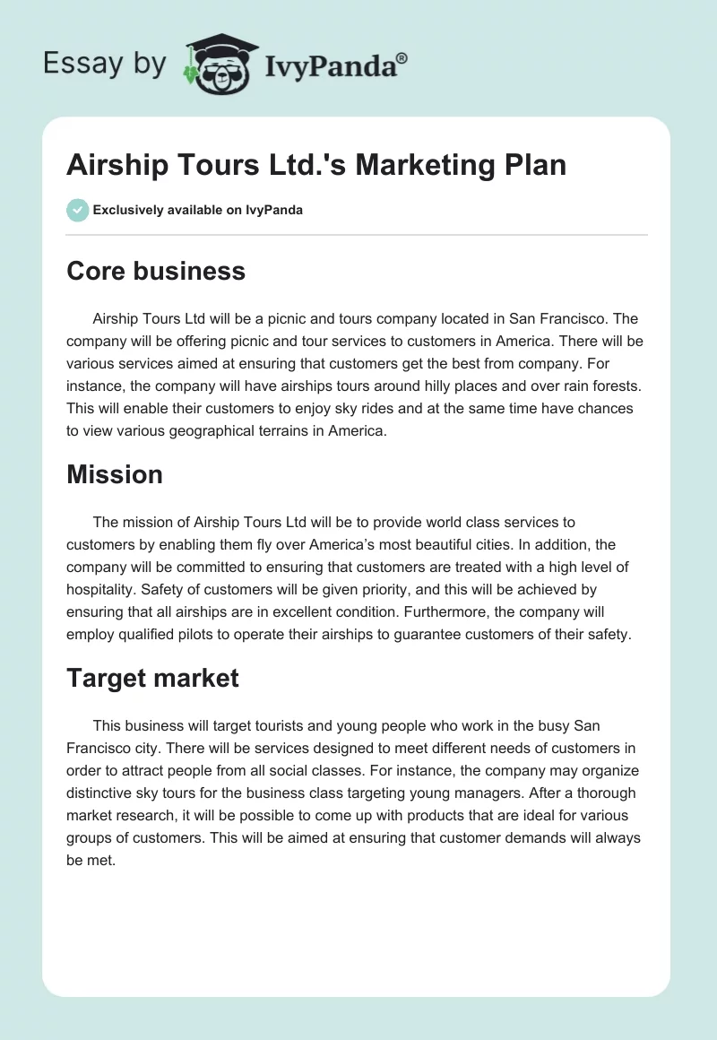 Airship Tours Ltd.'s Marketing Plan. Page 1