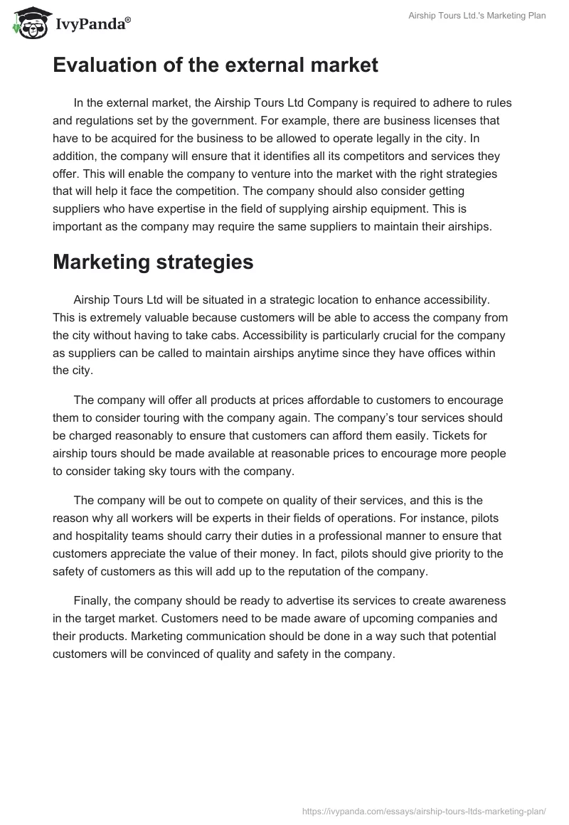 Airship Tours Ltd.'s Marketing Plan. Page 2