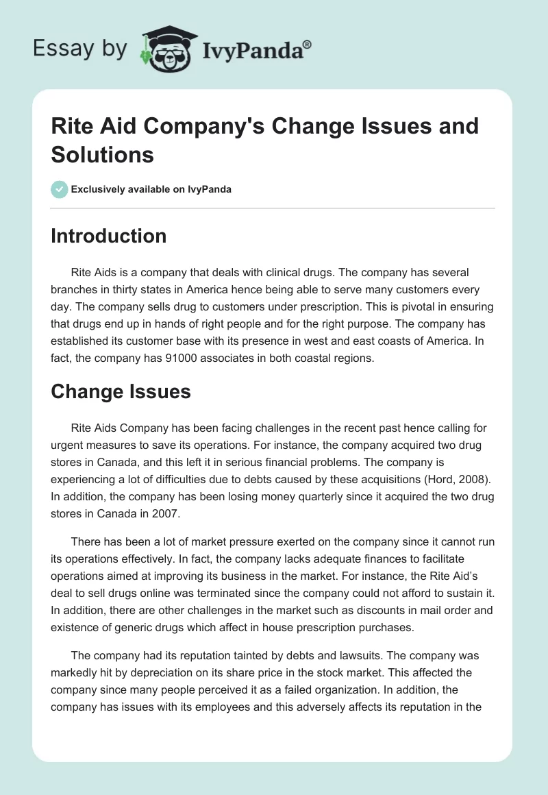 Rite Aid Company's Change Issues and Solutions. Page 1