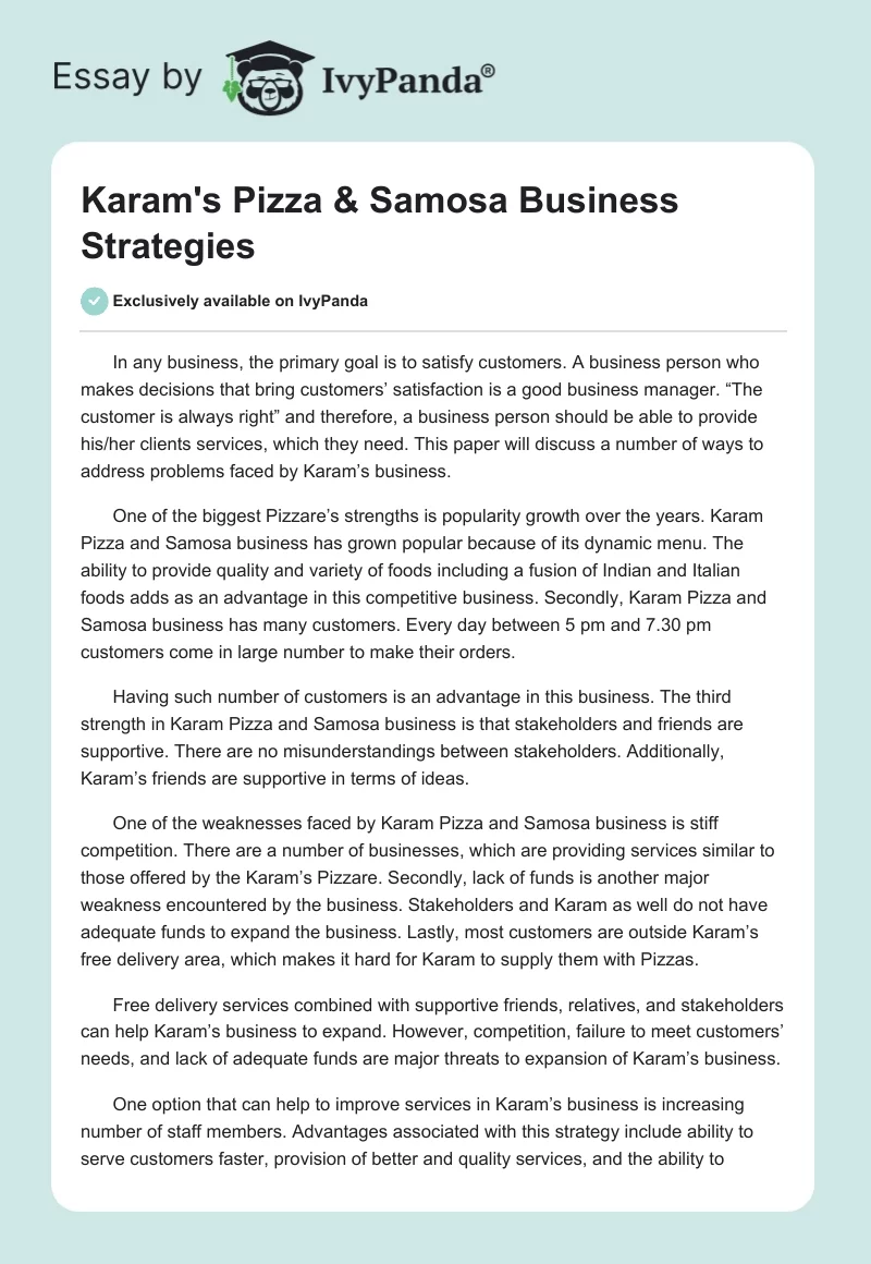Karam's Pizza & Samosa Business Strategies. Page 1
