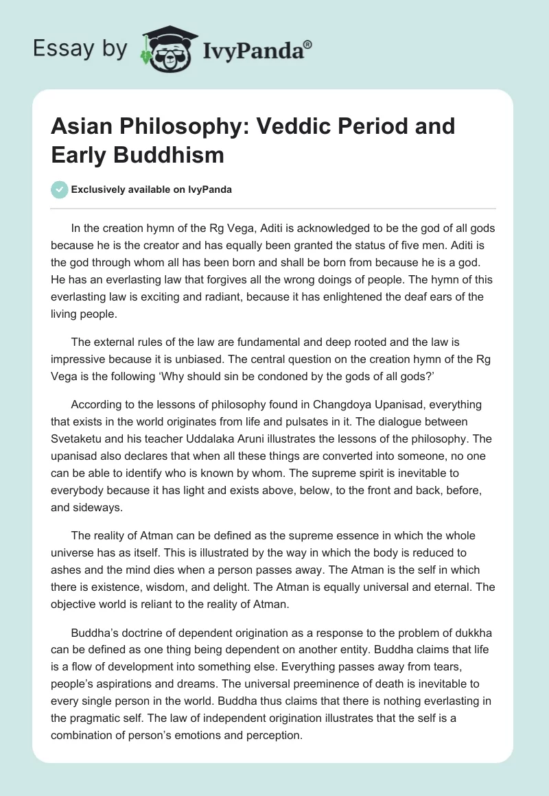 Asian Philosophy: Veddic Period and Early Buddhism. Page 1
