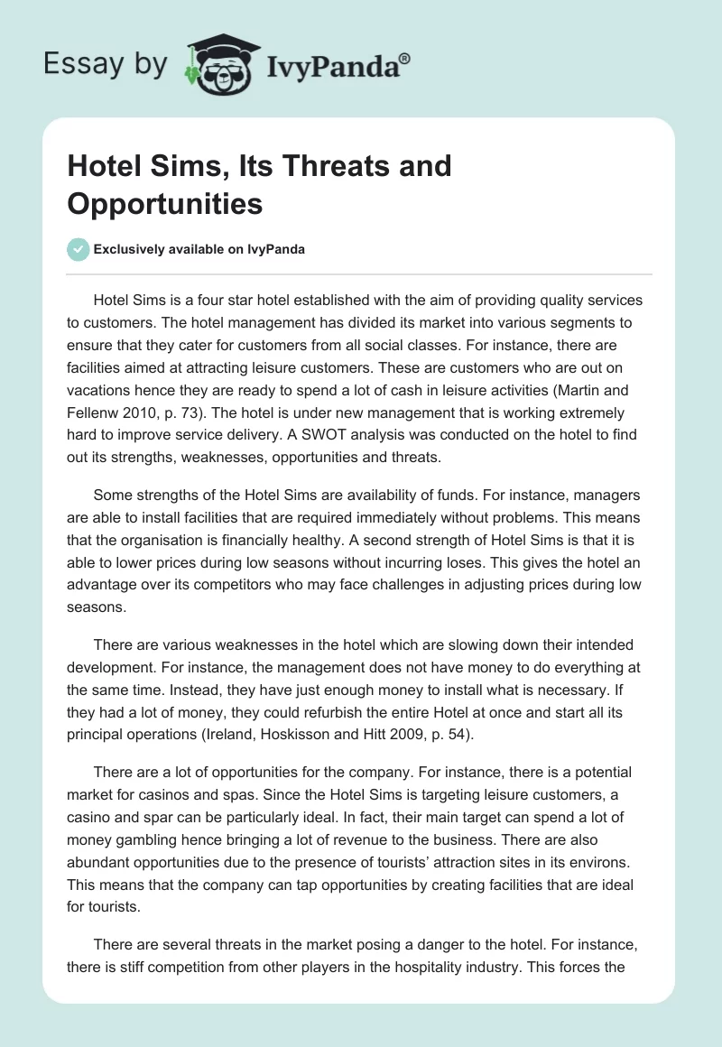 Hotel Sims, Its Threats and Opportunities. Page 1