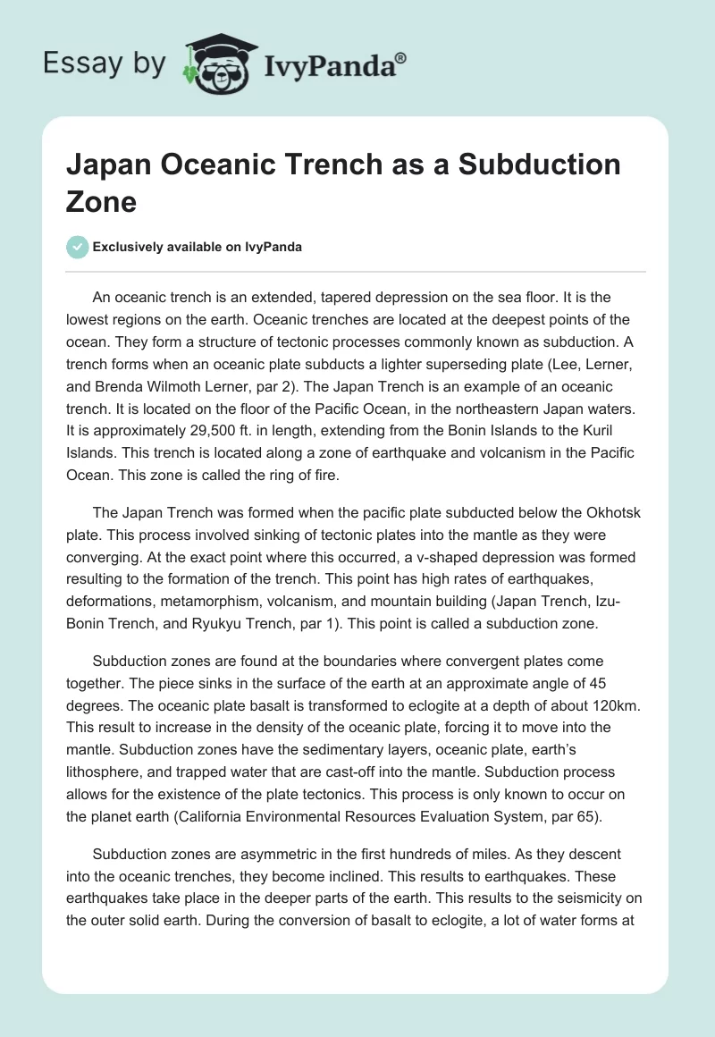 Japan Oceanic Trench as a Subduction Zone. Page 1