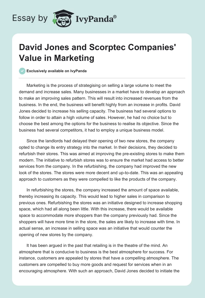 David Jones and Scorptec Companies' Value in Marketing. Page 1