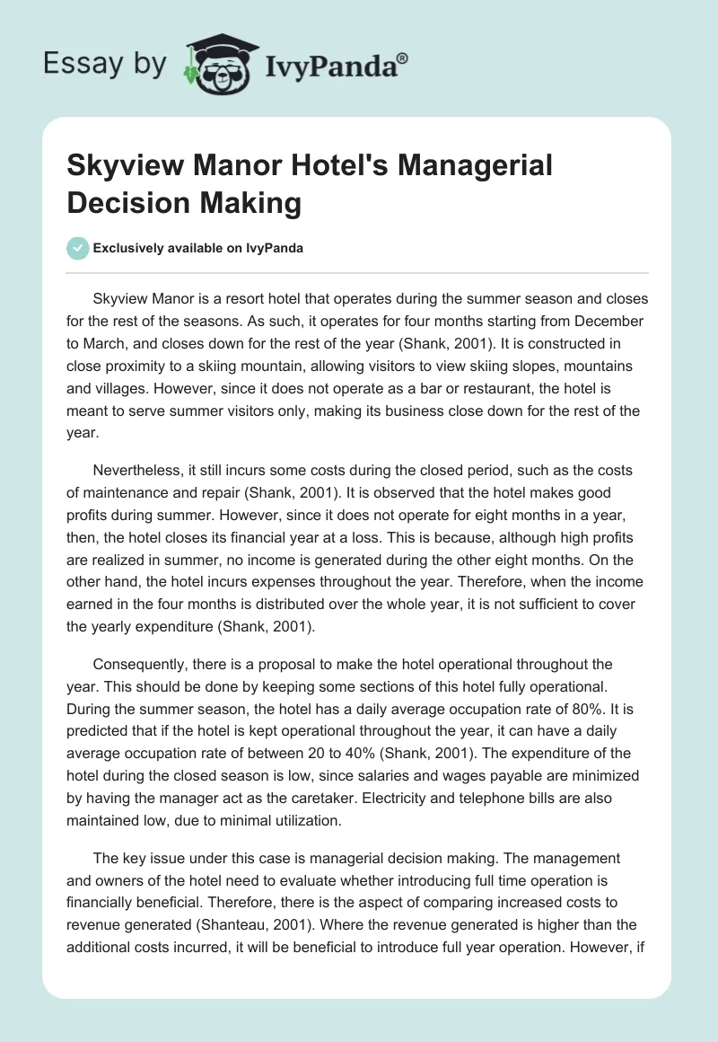 Skyview Manor Hotel's Managerial Decision Making. Page 1