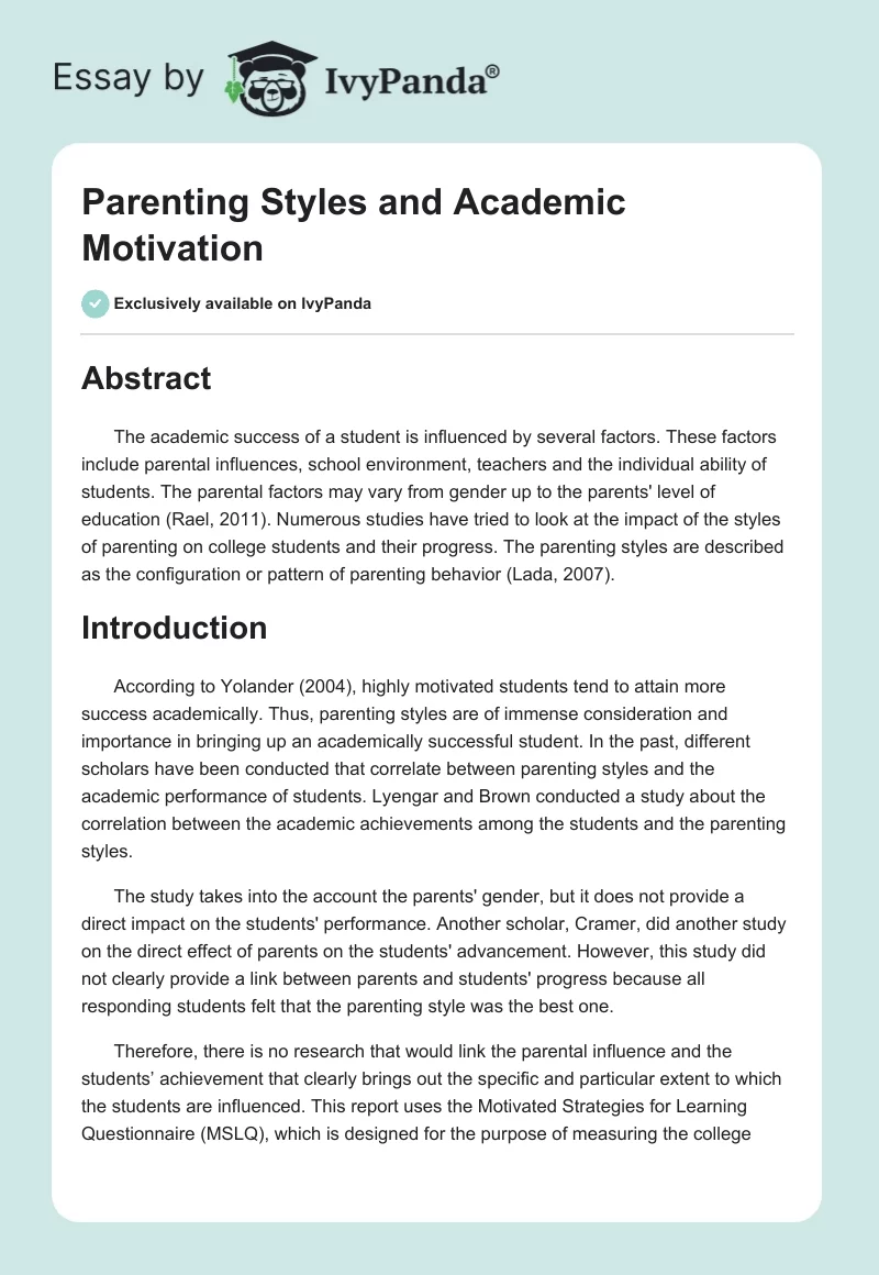 Parenting Styles and Academic Motivation. Page 1