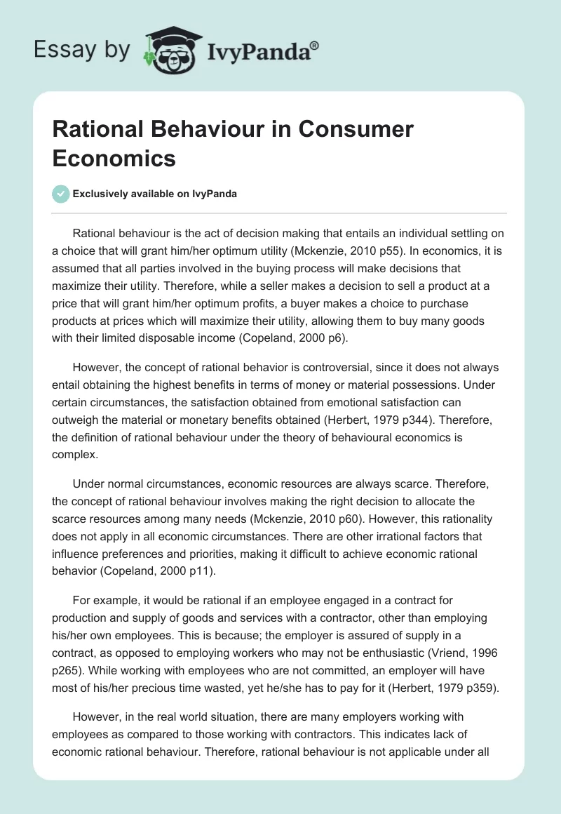 Rational Behaviour in Consumer Economics. Page 1